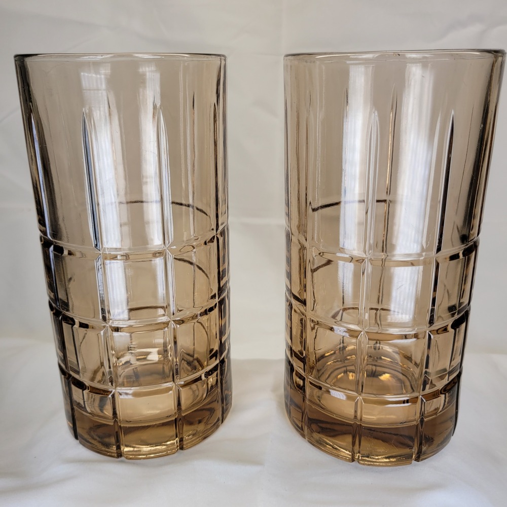 2 Anchor Hocking Manchester Tartan Brown Glass Highball Tumbler Tea Smoky Topaz